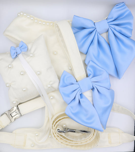 Wedding Dog Harness Leash & Ring Pillow in Ivory White Satin with Bow and Pearls CHOICE of COLOURS Made to Measure