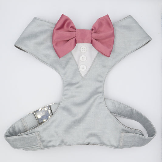 Wedding Dog Harness in Light Grey Satin Fabric and Rose Pink Bow Choice of COLOURS Made to Measure