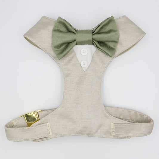 Tuxedo Wedding Dog Harness in Beige Satin with Sage Bow CHOICE of COLOURS Made to Measure