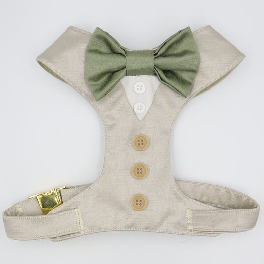 Tuxedo Wedding Dog Harness in Beige Satin with Sage Bow CHOICE of COLOURS Made to Measure