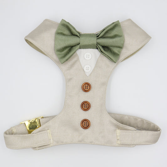 Tuxedo Wedding Dog Harness in Beige Satin with Sage Bow CHOICE of COLOURS Made to Measure