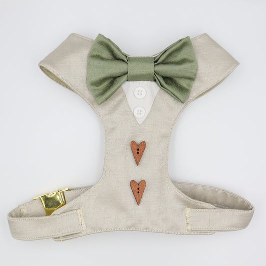 Tuxedo Wedding Dog Harness in Beige Satin with Sage Bow CHOICE of COLOURS Made to Measure
