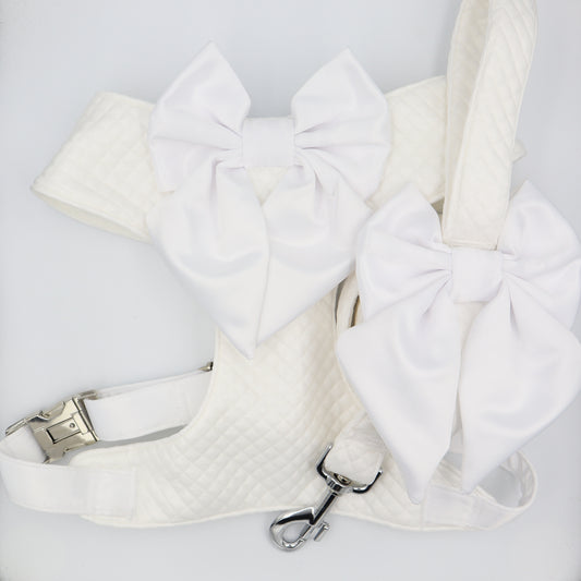 Wedding Dog Harness in Off White Ivory Cream Satin Quilted Design with White Sailor Bow Girl Dog Wedding CHOICE of COLOURS Made to Measure
