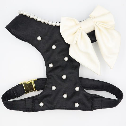 Wedding Dog Harness in Black Satin with Ivory White Bow and Pearls CHOICE of COLOURS Made to Measure