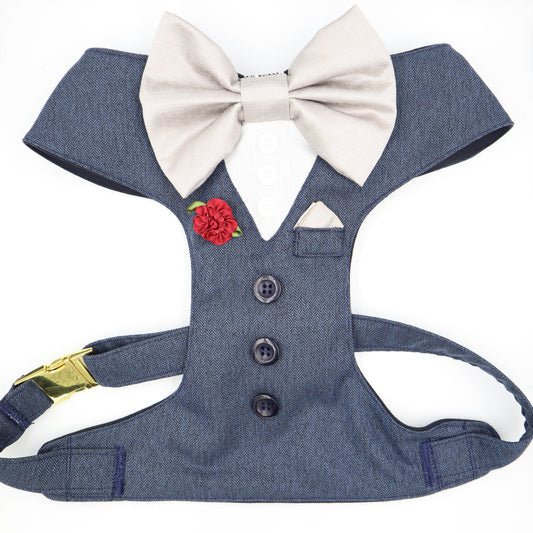 Tuxedo Wedding Dog Harness in Navy Blue Soft Herringbone Tweed Fabric with Satin Bow CHOICE of COLOURS Made to Measure