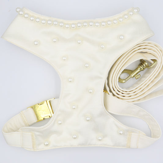 Wedding Dog Harness  & Leash in Ivory White Satin with Pearls CHOICE of COLOURS Made to Measure
