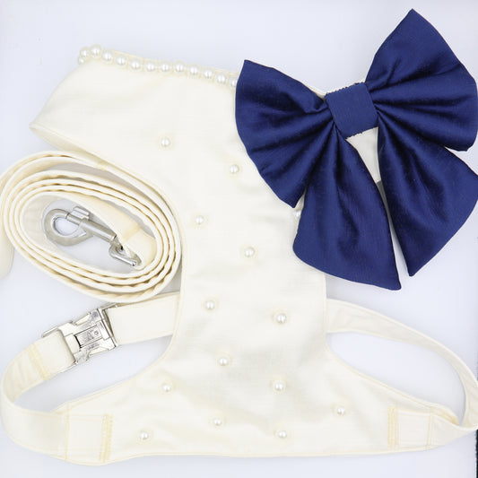 Wedding Dog Harness  & Leash in Ivory White Satin with Navy Blue Bow and Pearls CHOICE of COLOURS Made to Measure