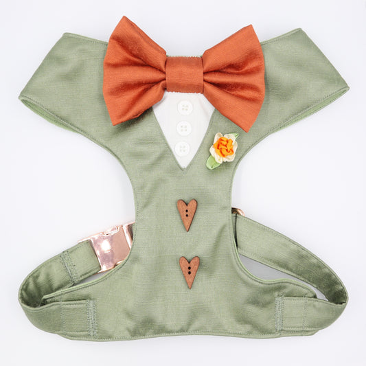 Tuxedo Wedding Dog Harness in Sage Green Satin with Bow CHOICE of COLOURS Made to Measure