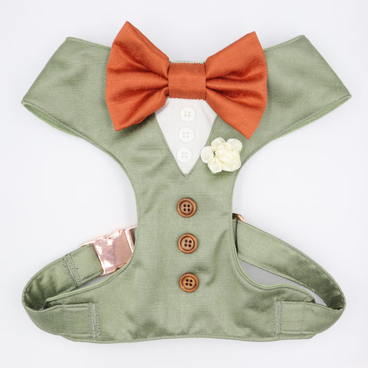Tuxedo Wedding Dog Harness in Sage Green Satin with Bow CHOICE of COLOURS Made to Measure