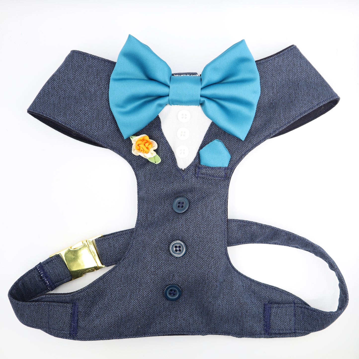 Tuxedo Wedding Dog Harness in Navy Blue Soft Herringbone Tweed Fabric with Satin Bow CHOICE of COLOURS Made to Measure