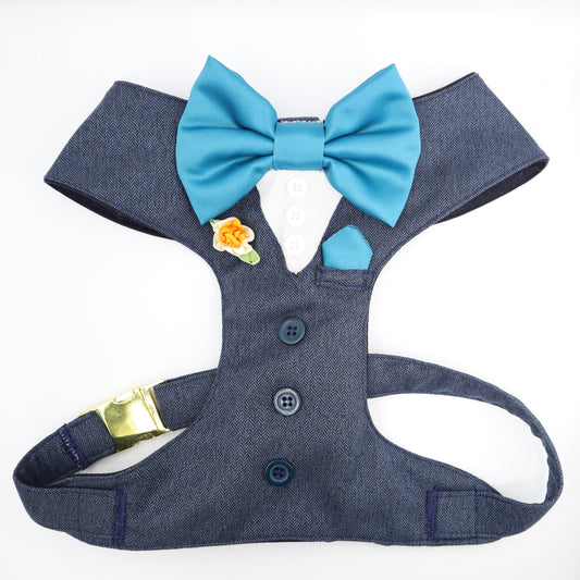 Tuxedo Wedding Dog Harness in Navy Blue Soft Herringbone Tweed Fabric with Satin Bow CHOICE of COLOURS Made to Measure