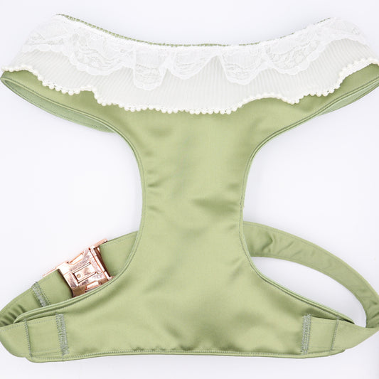 Wedding Dog Harness in Sage Satin with Pearl Ruffle Trim Made to Measure