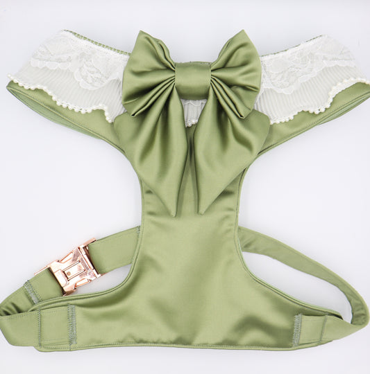 Wedding Dog Harness in Sage Satin with Pearl Ruffle Trim Made to Measure