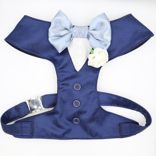 Tuxedo Wedding Dog Harness in Navy Blue Satin with Bow & White Flower CHOICE of COLOURS Made to Measure