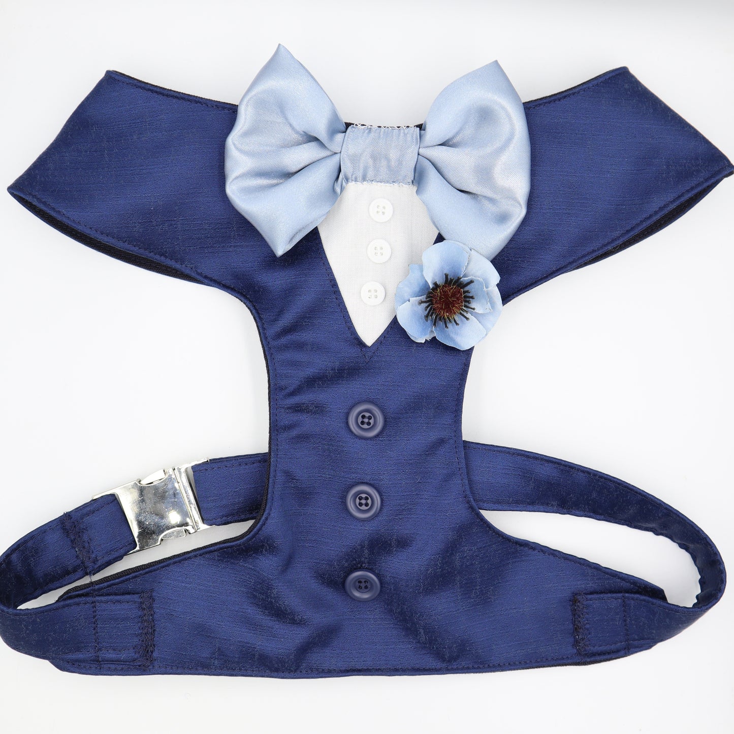 Tuxedo Wedding Dog Harness in Navy Blue Satin with Dusty Blue Bow & Flower CHOICE of COLOURS Made to Measure