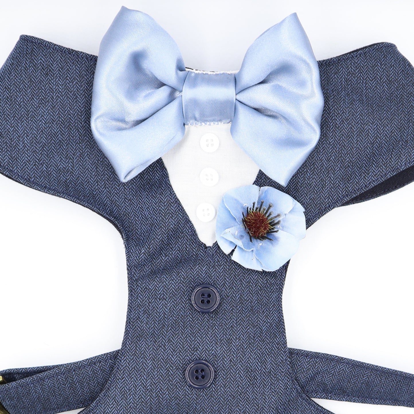 Tuxedo Wedding Dog Harness in Navy Blue Soft Herringbone Tweed Fabric with Dusty Blue Satin Bow CHOICE of COLOURS Made to Measure