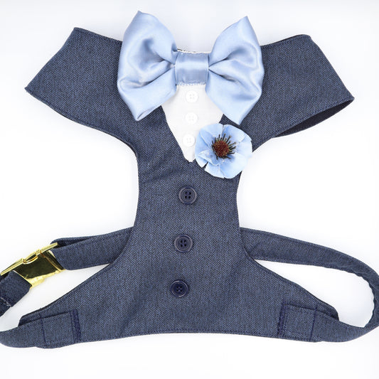 Tuxedo Wedding Dog Harness in Navy Blue Soft Herringbone Tweed Fabric with Dusty Blue Satin Bow CHOICE of COLOURS Made to Measure