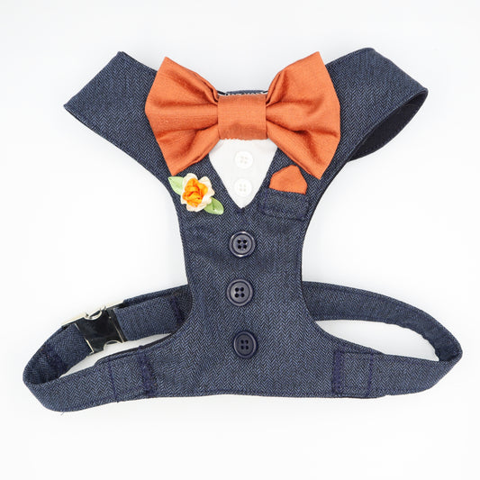 Tuxedo Wedding Dog Harness in Navy Blue Soft Herringbone Tweed Fabric with Burnt Orange Satin Bow CHOICE of COLOURS Made to Measure