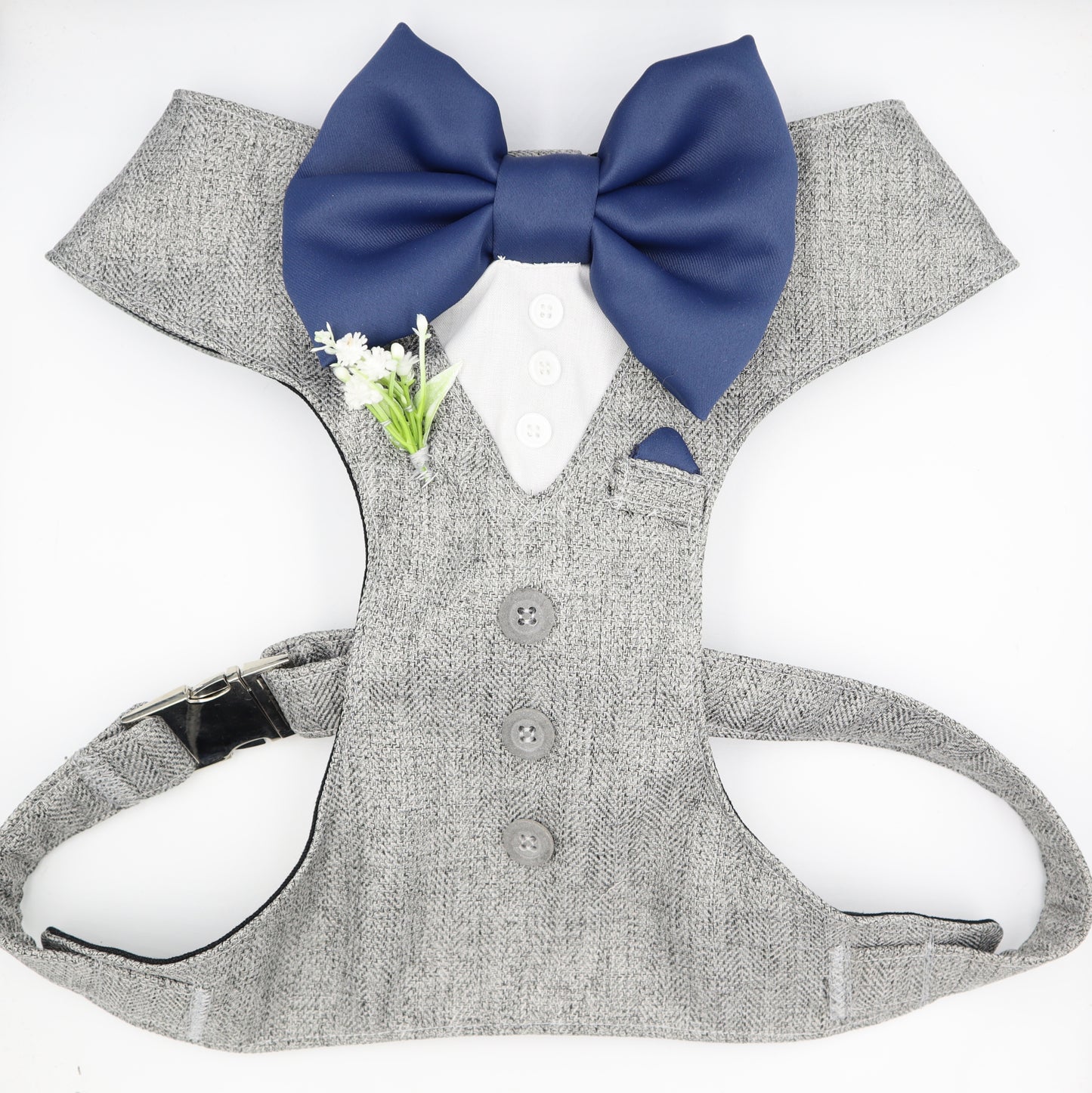 Tuxedo Wedding Dog Harness in Light Grey Soft Herringbone Tweed Fabric with Satin Bow CHOICE of COLOURS Made to Measure