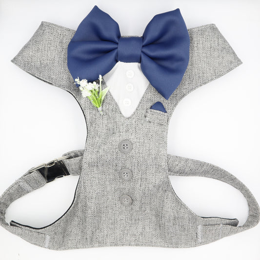 Tuxedo Wedding Dog Harness in Light Grey Soft Herringbone Tweed Fabric with Satin Bow CHOICE of COLOURS Made to Measure