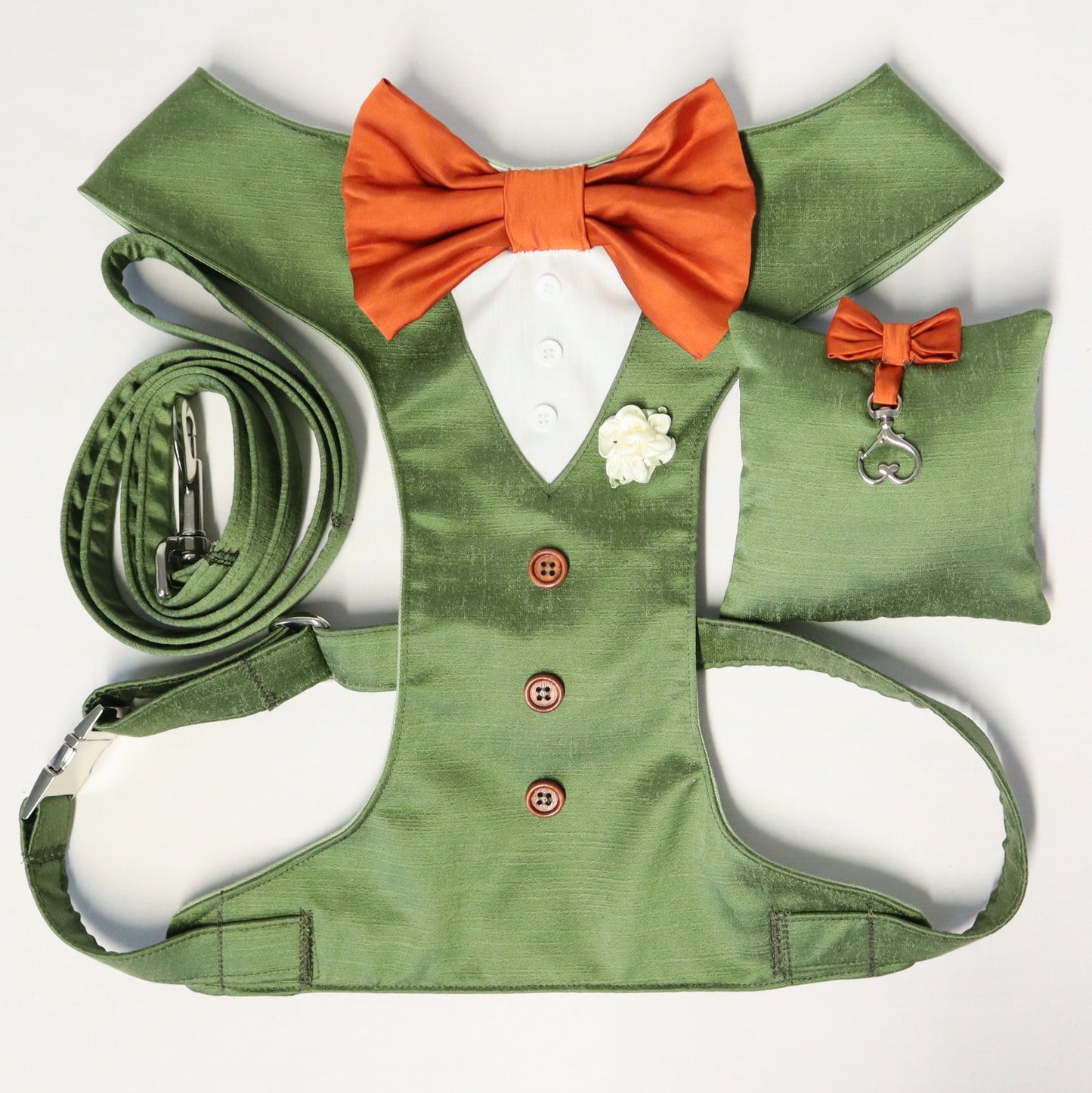 Tuxedo Wedding Dog Harness in Sage Green (5) Satin with Bow CHOICE of COLOURS Made to Measure