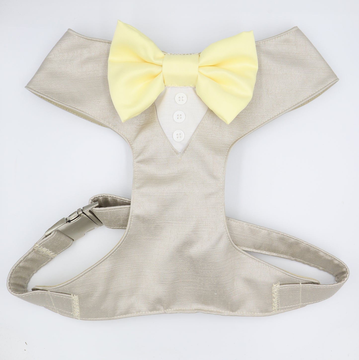 Tuxedo Wedding Dog Harness in Beige Satin with Pastel Lemon Bow CHOICE of COLOURS Made to Measure