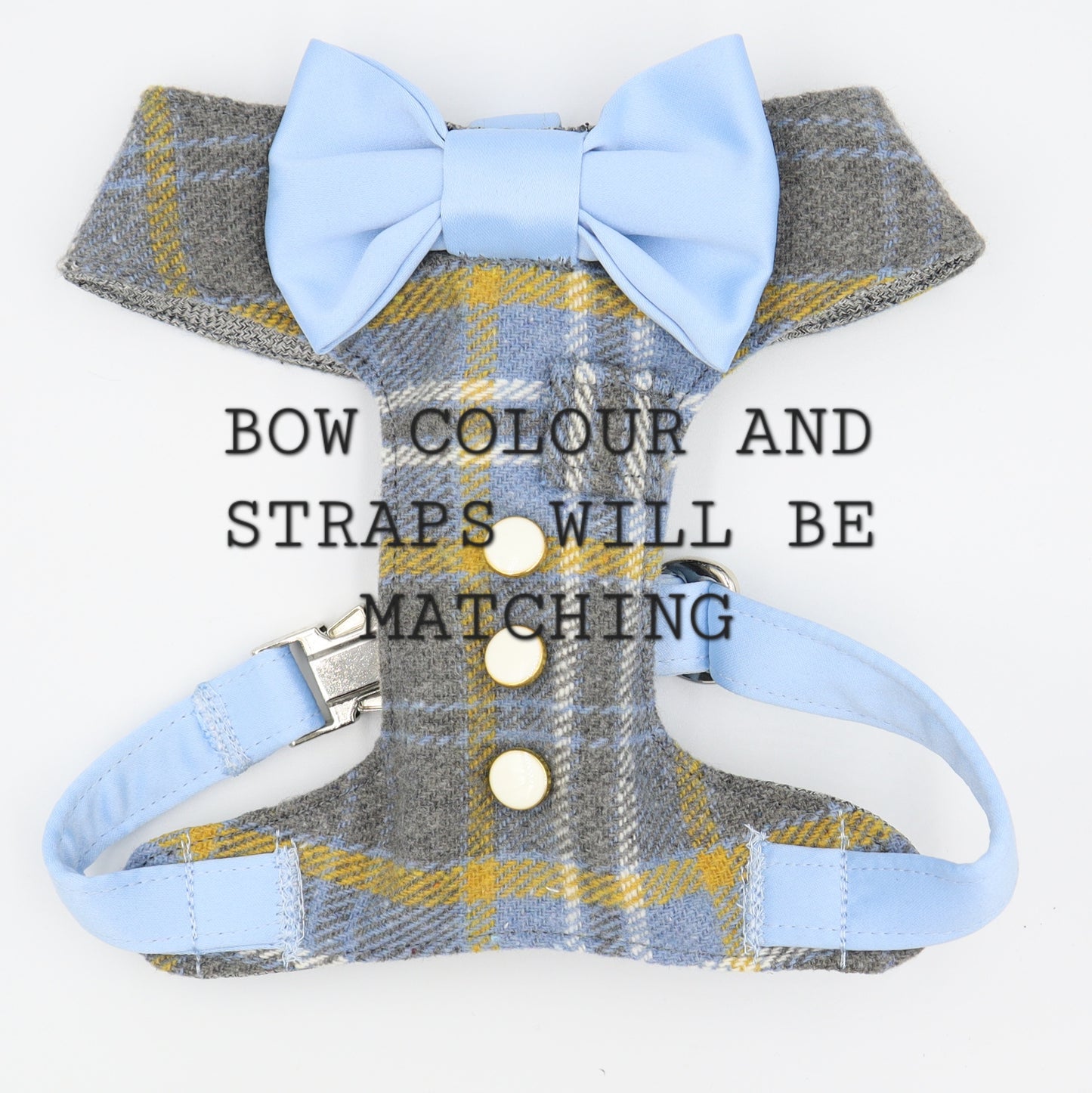 Tuxedo Wedding Dog Harness in Grey Blue Yellow Tweed Fabric with Light Blue Satin Bow CHOICE of COLOURS Made to Measure