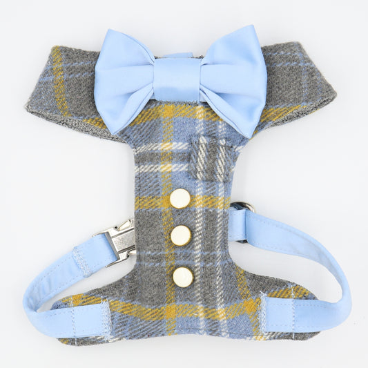 Tuxedo Wedding Dog Harness in Grey Blue Yellow Tweed Fabric with Light Blue Satin Bow CHOICE of COLOURS Made to Measure
