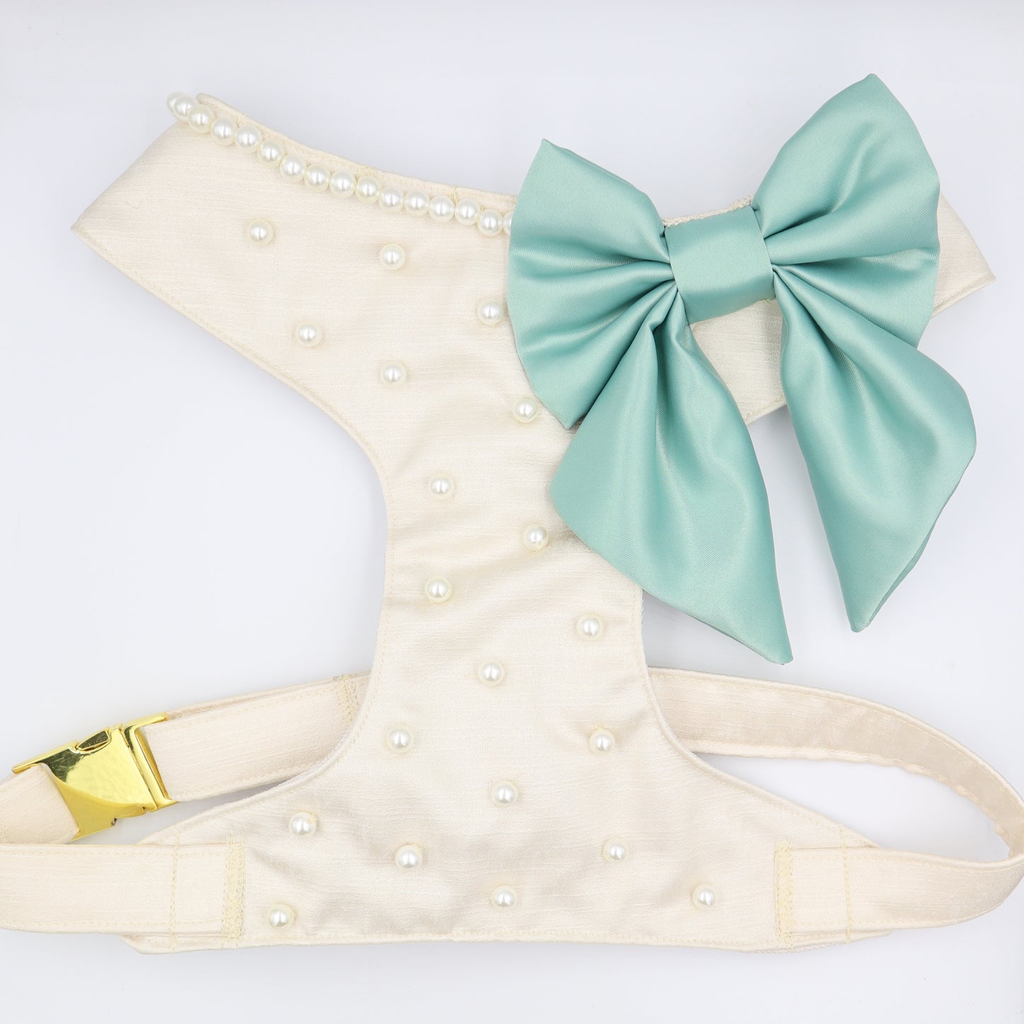 Wedding Dog Harness  & Leash in Ivory Cream Satin with Mint Green Bow and Pearls CHOICE of COLOURS Made to Measure