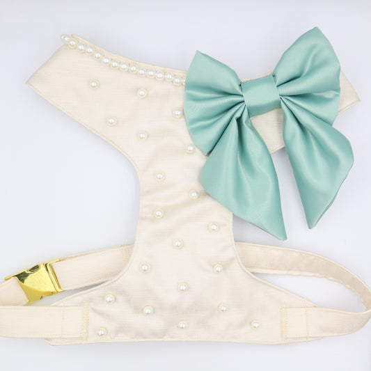 Wedding Dog Harness  & Leash in Ivory Cream Satin with Mint Green Bow and Pearls CHOICE of COLOURS Made to Measure