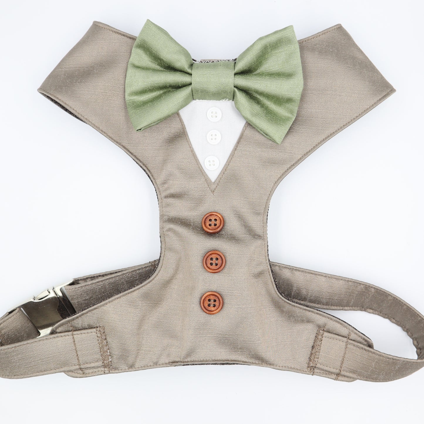 Tuxedo Wedding Dog Harness in Mink Brown Satin with Sage Bow CHOICE of COLOURS Made to Measure