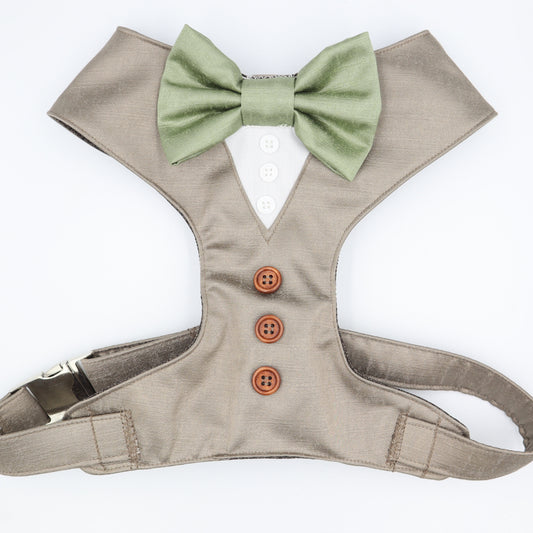 Tuxedo Wedding Dog Harness in Mink Brown Satin with Sage Bow CHOICE of COLOURS Made to Measure