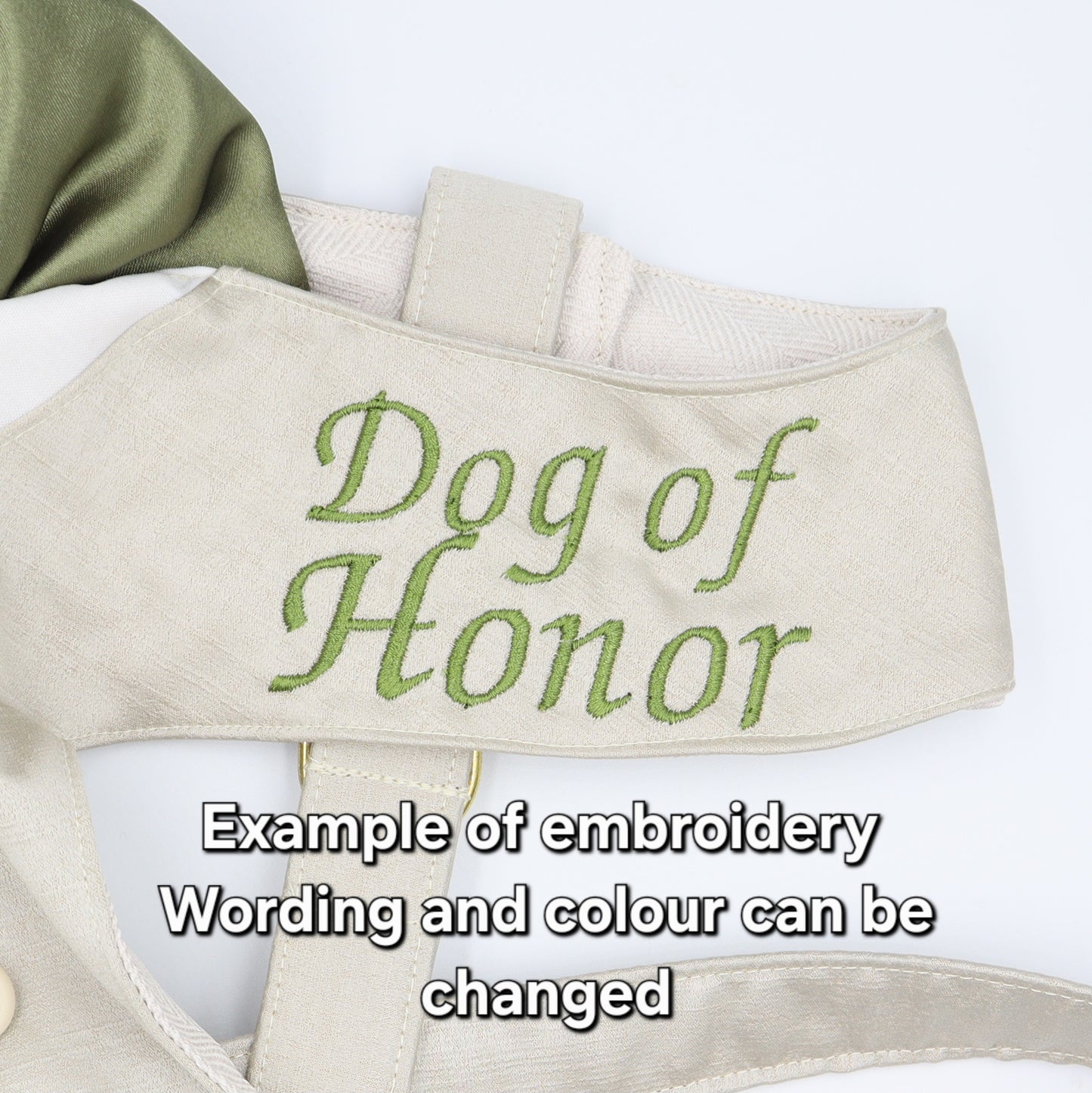 Tuxedo Wedding Dog Harness in Beige Natural Satin with Sage Bow CHOICE of COLOURS Made to Measure Dog of Honor