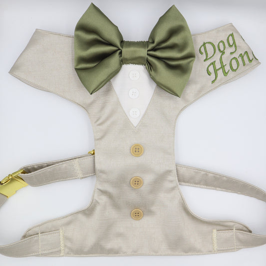 Tuxedo Wedding Dog Harness in Beige Natural Satin with Sage Bow CHOICE of COLOURS Made to Measure Dog of Honor
