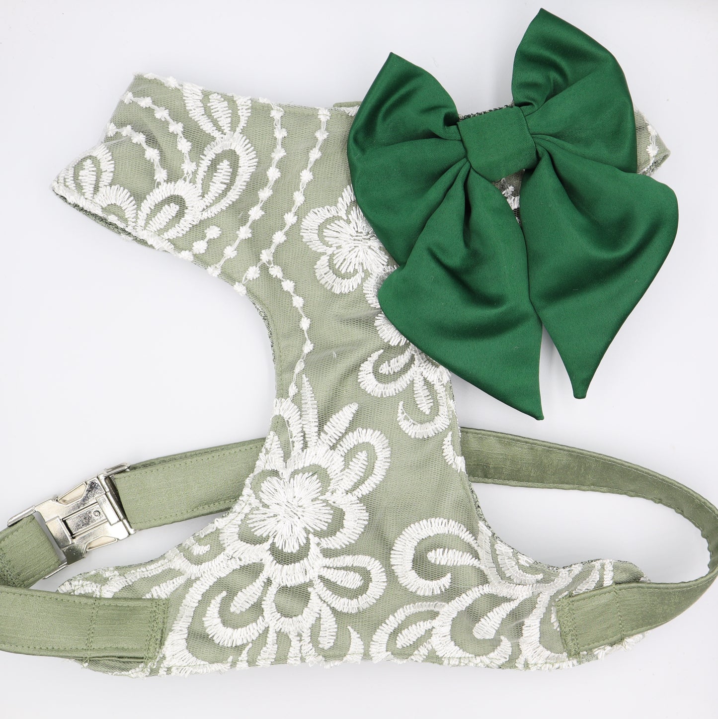 Wedding Dog Harness in Sage Green Satin with Lace Overlay and Emerald Sailor Bow and CHOICE of COLOURS Made to Measure