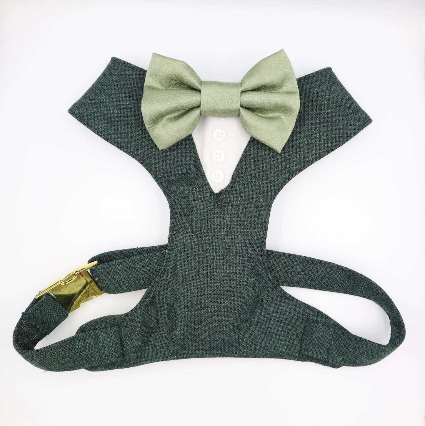 Tuxedo Wedding Dog Harness in Dark Green Tweed Fabric with Sage Satin Bow CHOICE of COLOURS Made to Measure