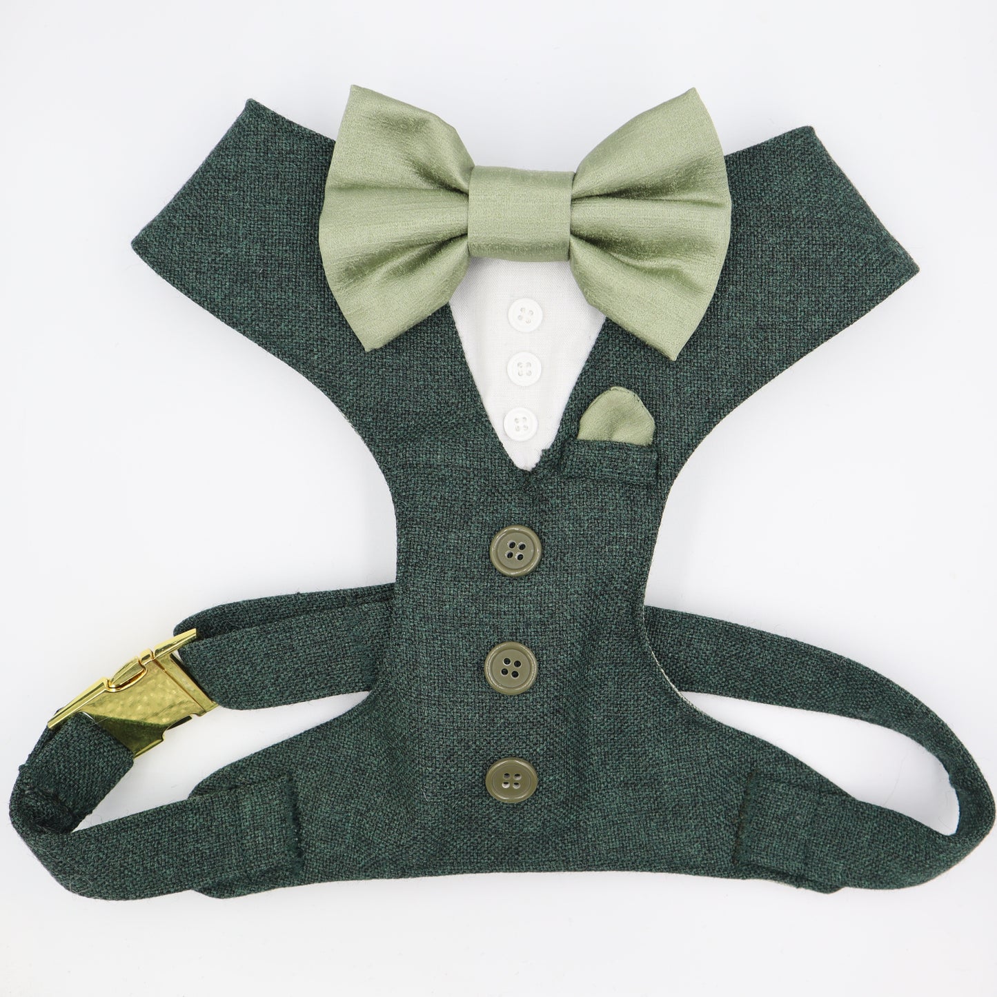 Tuxedo Wedding Dog Harness in Dark Green Tweed Fabric with Sage Satin Bow CHOICE of COLOURS Made to Measure