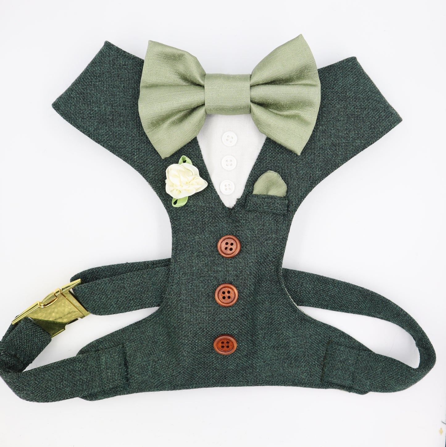 Tuxedo Wedding Dog Harness in Dark Green Tweed Fabric with Sage Satin Bow CHOICE of COLOURS Made to Measure