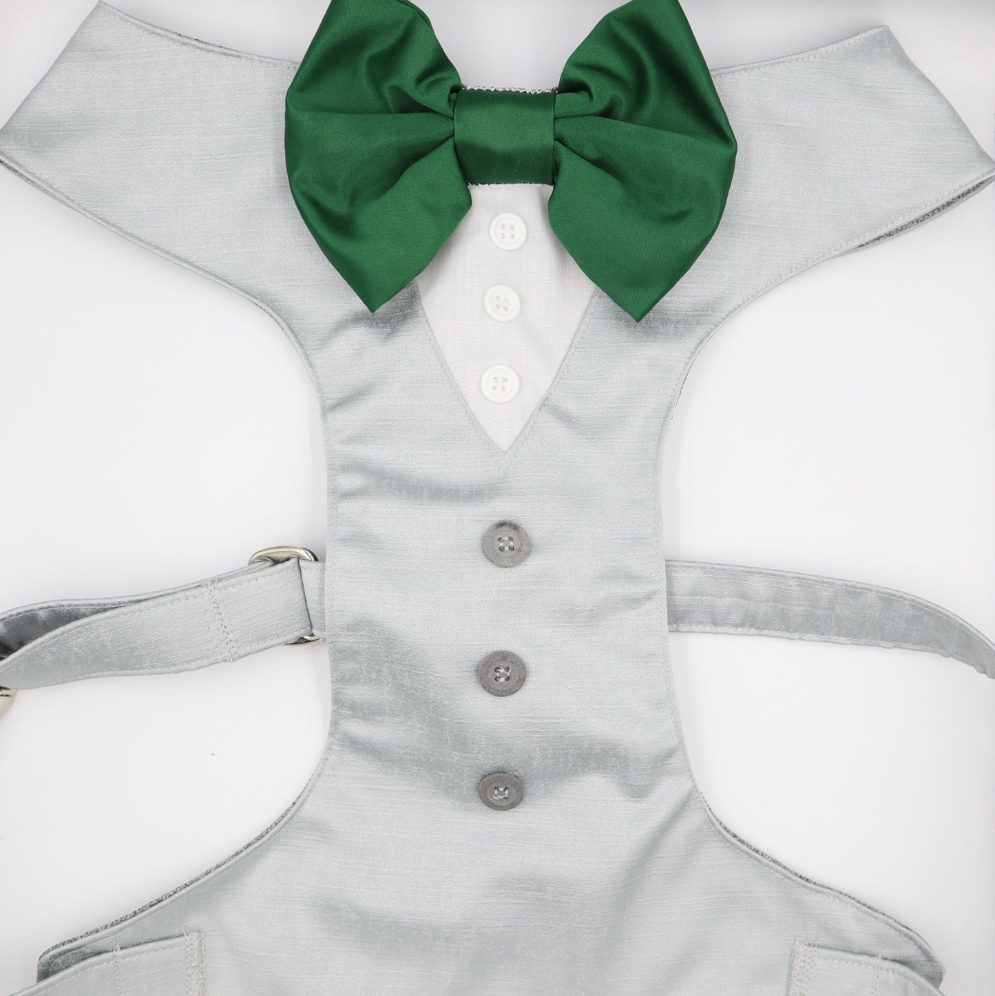 Tuxedo Wedding Dog Harness in Light Grey Satin with Emerald Green Bow CHOICE of COLOURS Made to Measure