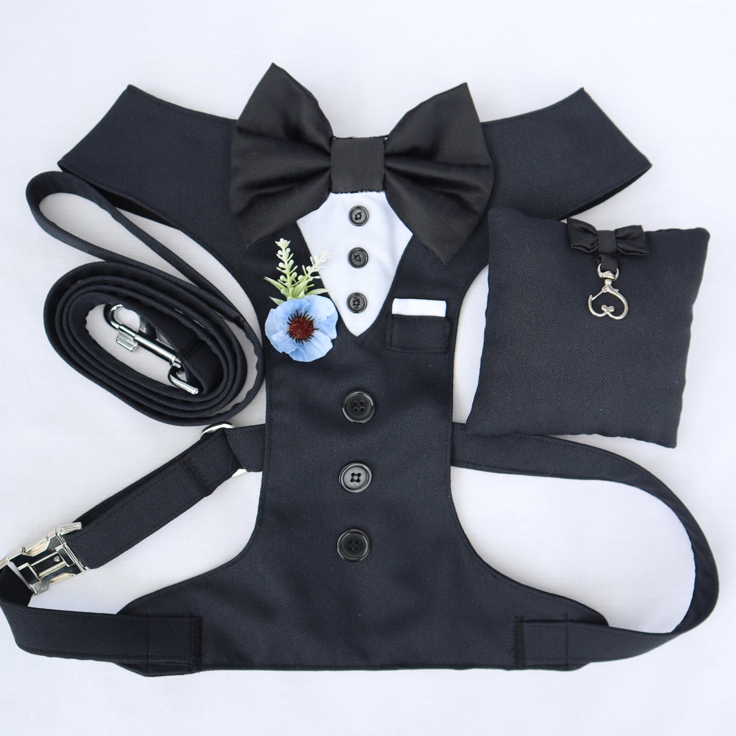 Tuxedo Wedding Dog Harness in Black Soft Herringbone Tweed Fabric with Satin Bow & Dusty Blue & White Flower CHOICE of COLOURS Made to Measure