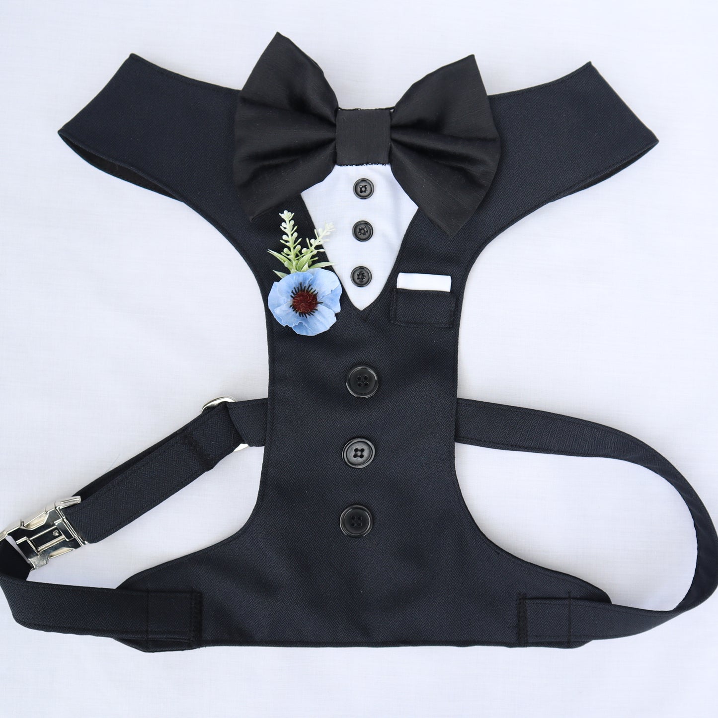 Tuxedo Wedding Dog Harness in Black Soft Herringbone Tweed Fabric with Satin Bow & Dusty Blue & White Flower CHOICE of COLOURS Made to Measure