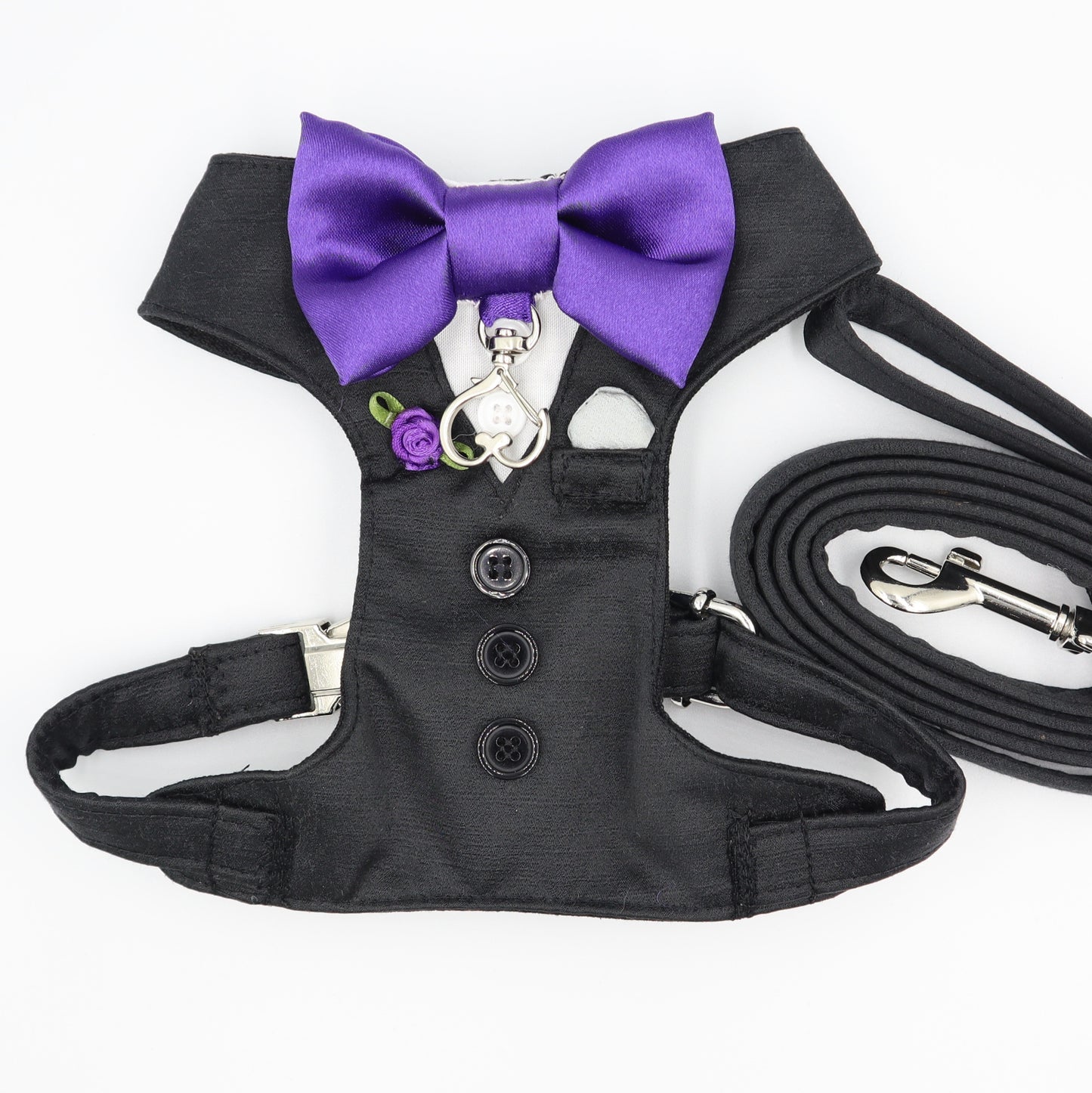 Tuxedo Wedding Dog Harness in Black Satin with Purple Bow Flower & Pocket Square with Ring Clip CHOICE of COLOURS Made to Measure