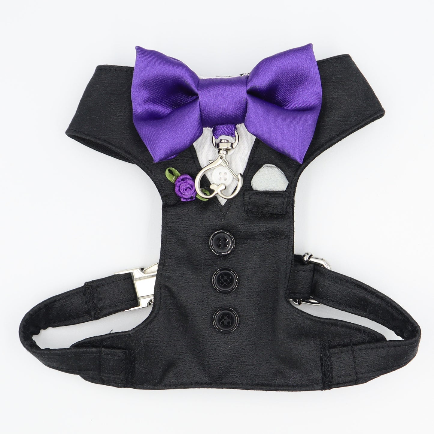 Tuxedo Wedding Dog Harness in Black Satin with Purple Bow Flower & Pocket Square with Ring Clip CHOICE of COLOURS Made to Measure