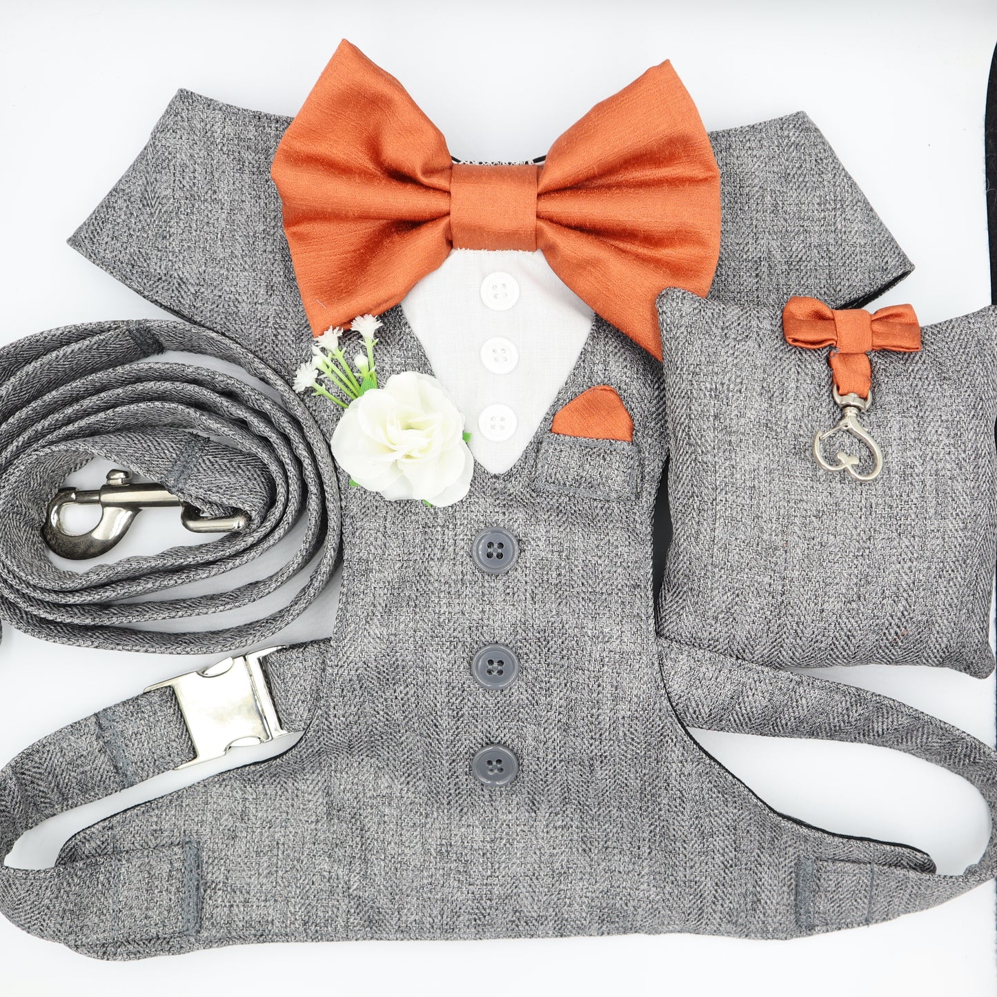 Tuxedo Wedding Dog Harness in Grey Soft Herringbone Tweed Fabric with Burnt Orange Satin Bow & White Flower CHOICE of COLOURS Made to Measure