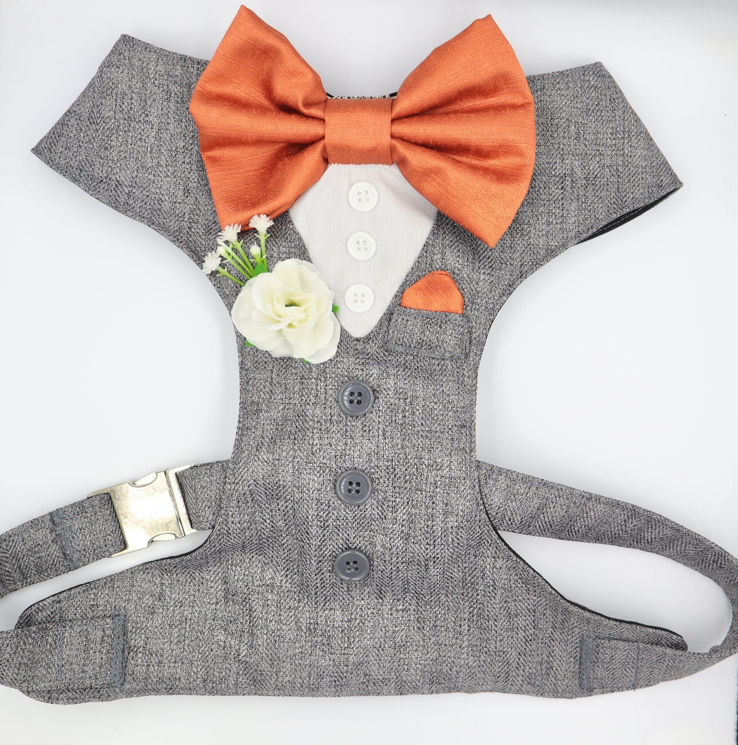 Tuxedo Wedding Dog Harness in Grey Soft Herringbone Tweed Fabric with Burnt Orange Satin Bow & White Flower CHOICE of COLOURS Made to Measure
