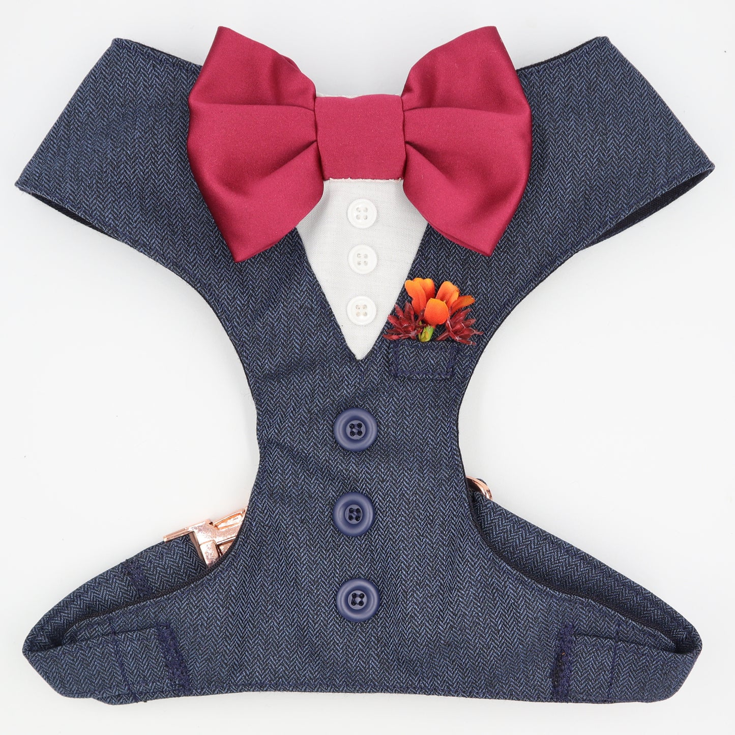 Tuxedo Wedding Dog Harness in Navy Blue Soft Herringbone Tweed Fabric with Wine Bow & Pocket Boutonnière Flower CHOICE of COLOURS Made to Measure