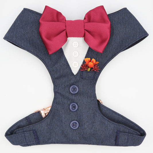 Tuxedo Wedding Dog Harness in Navy Blue Soft Herringbone Tweed Fabric with Wine Bow & Pocket Boutonnière Flower CHOICE of COLOURS Made to Measure