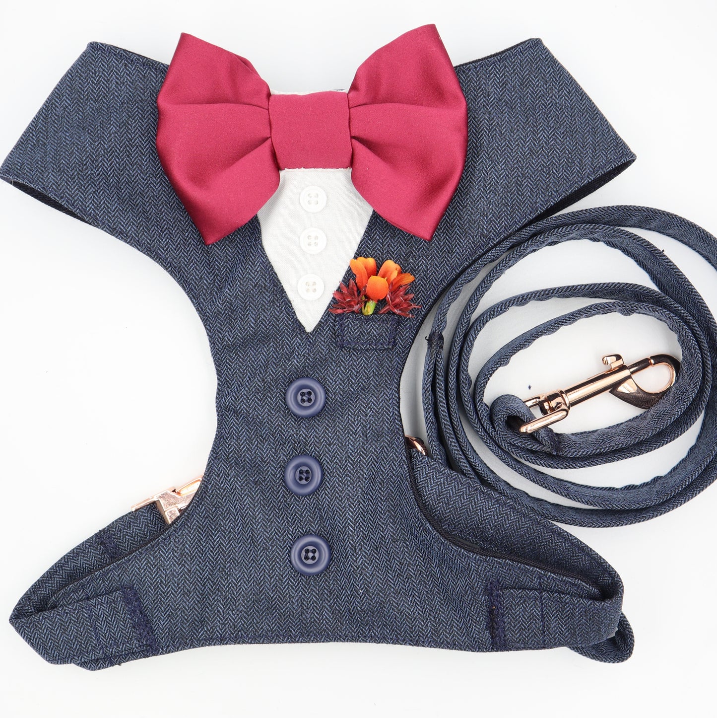 Tuxedo Wedding Dog Harness in Navy Blue Soft Herringbone Tweed Fabric with Wine Bow & Pocket Boutonnière Flower CHOICE of COLOURS Made to Measure