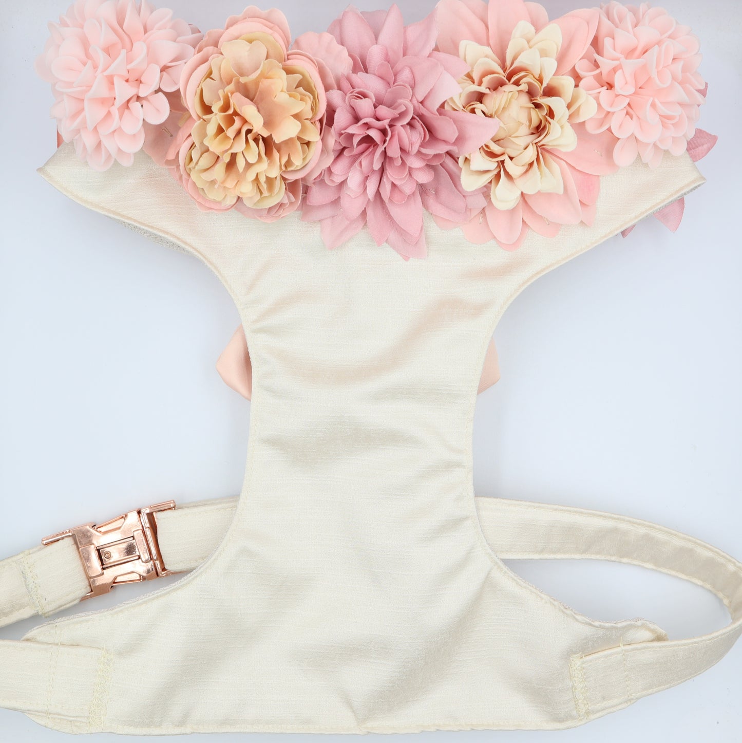 Wedding Dog Harness in Ivory Cream Satin with Rose Gold Bow and Pink Flowers CHOICE of COLOURS Made to Measure