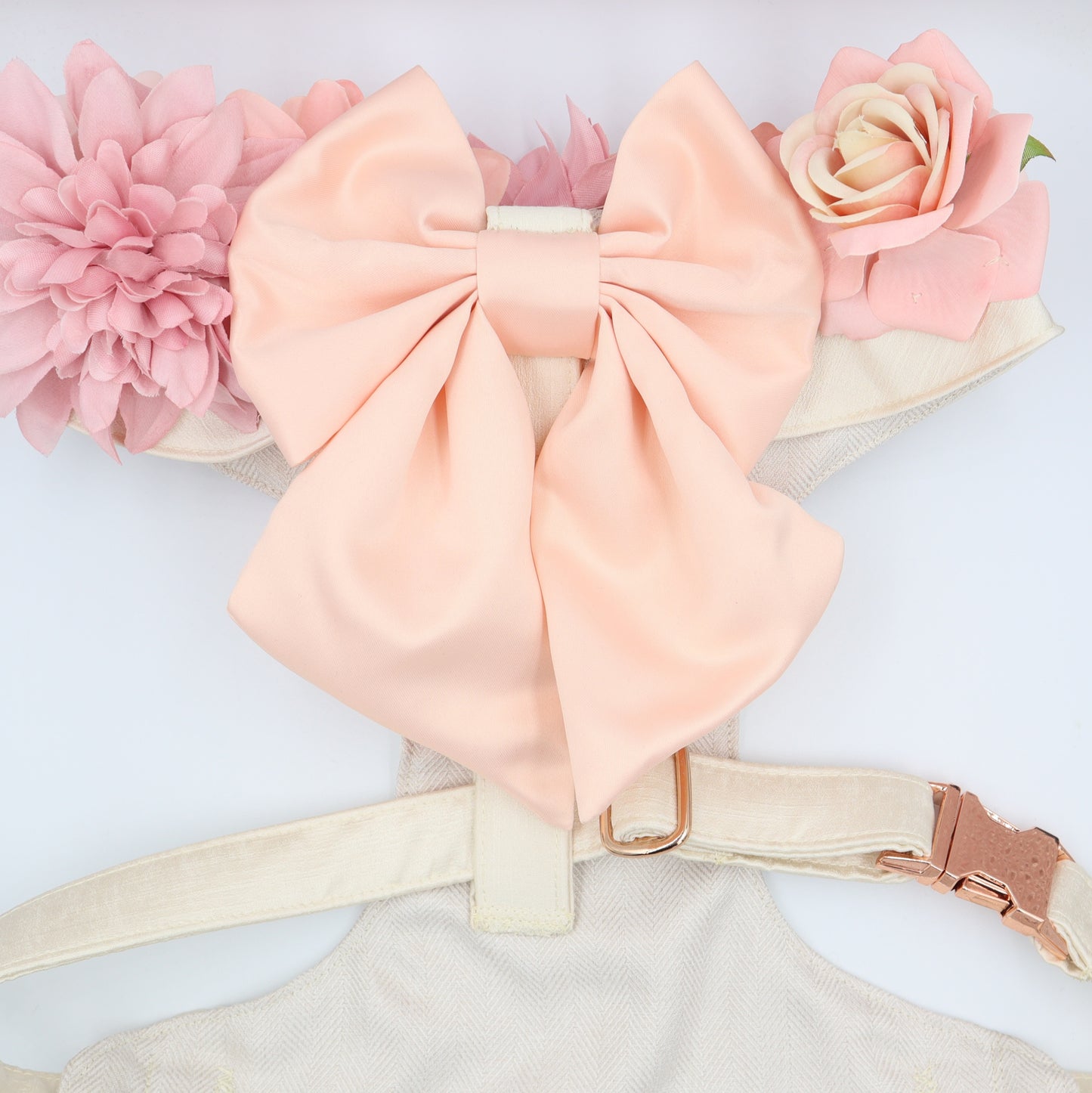 Wedding Dog Harness in Ivory Cream Satin with Rose Gold Bow and Pink Flowers CHOICE of COLOURS Made to Measure